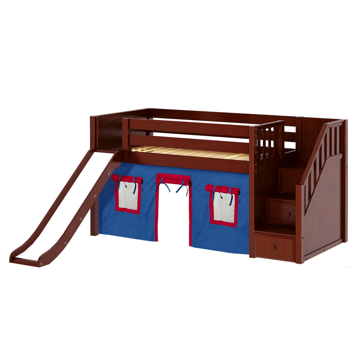 Maxtrix Twin Low Loft Bed with Stairs, Curtain + Slide