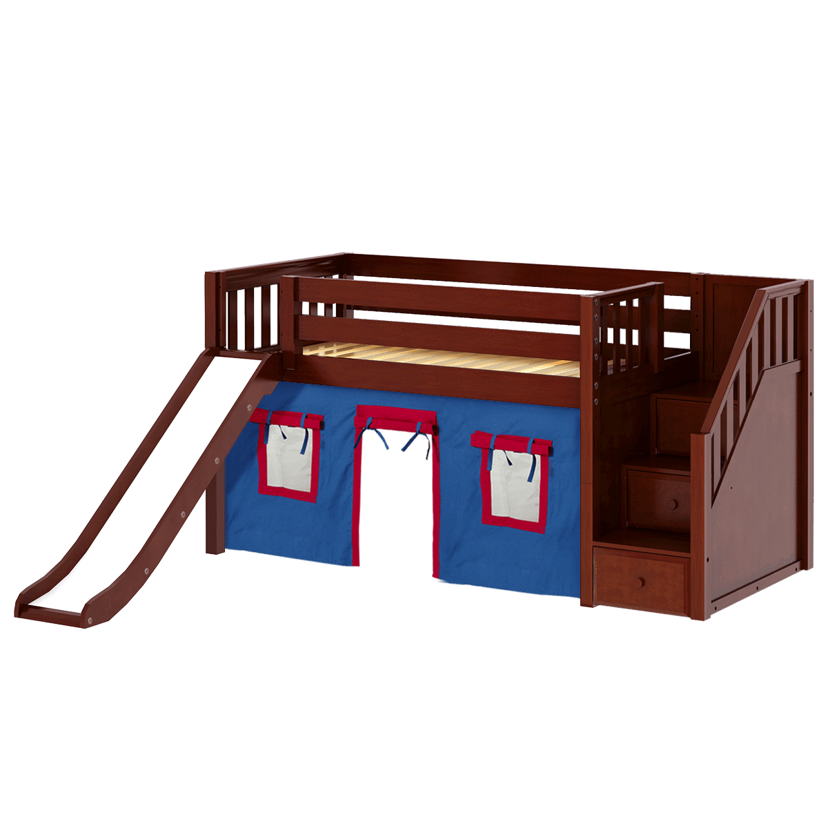 Maxtrix Twin Low Loft Bed with Stairs, Curtain + Slide