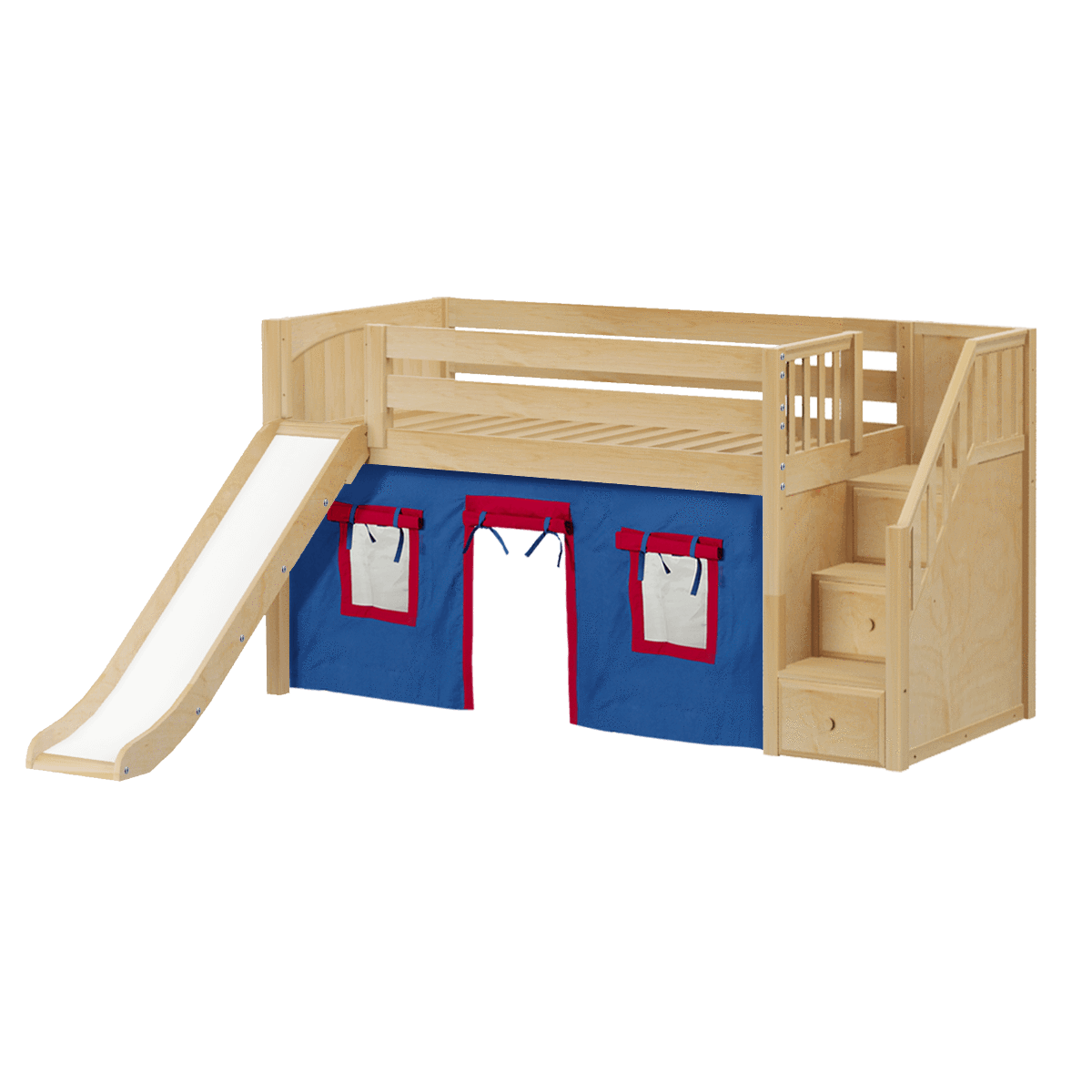 Maxtrix Twin Low Loft Bed with Stairs, Curtain + Slide