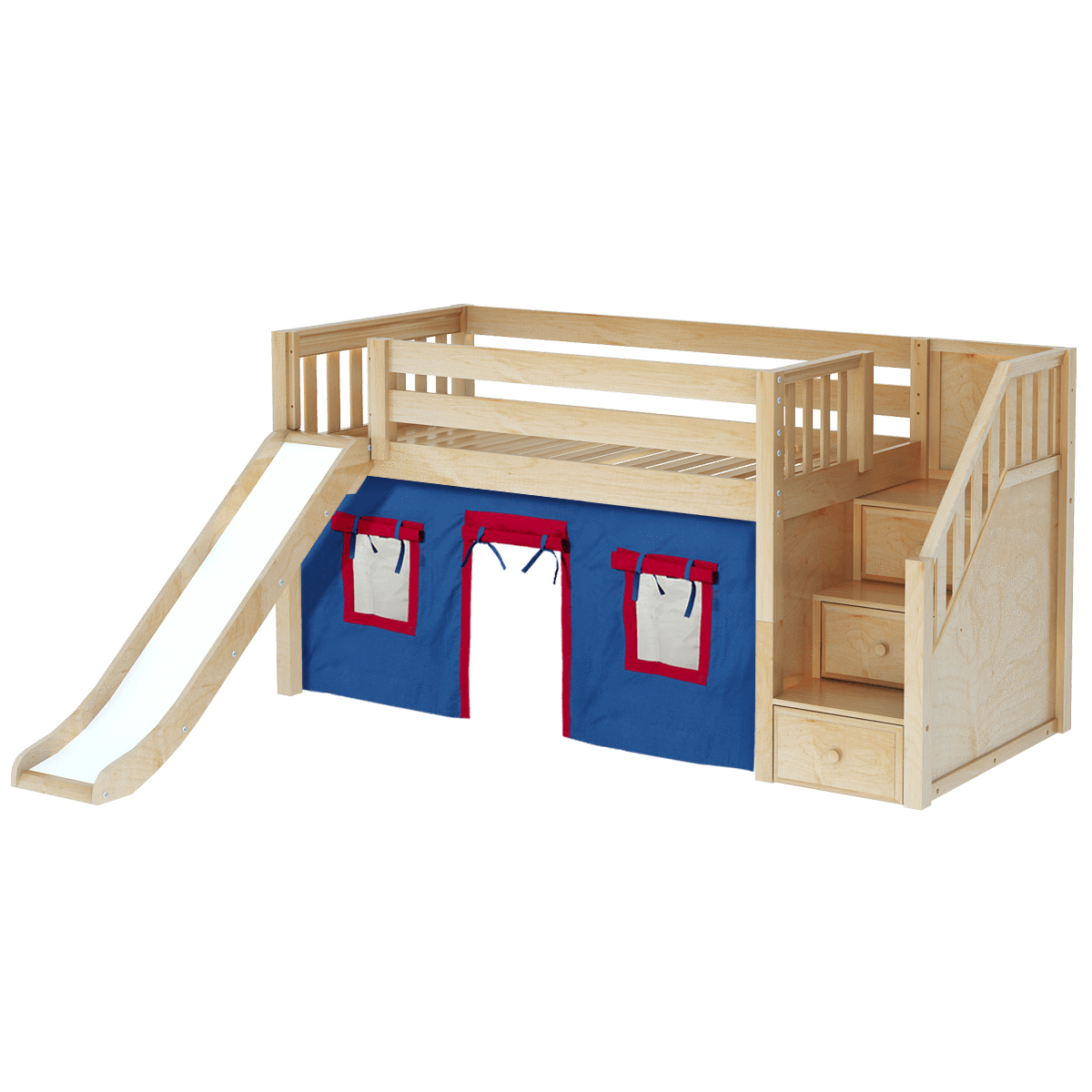 Maxtrix Twin Low Loft Bed with Stairs, Curtain + Slide