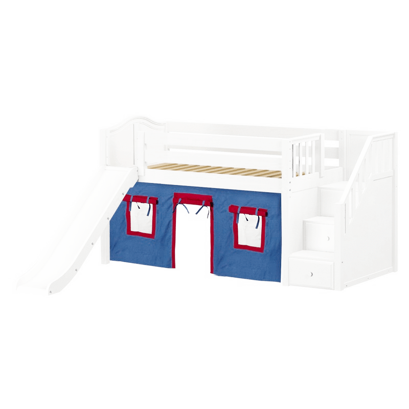 Maxtrix Twin Low Loft Bed with Stairs, Curtain + Slide