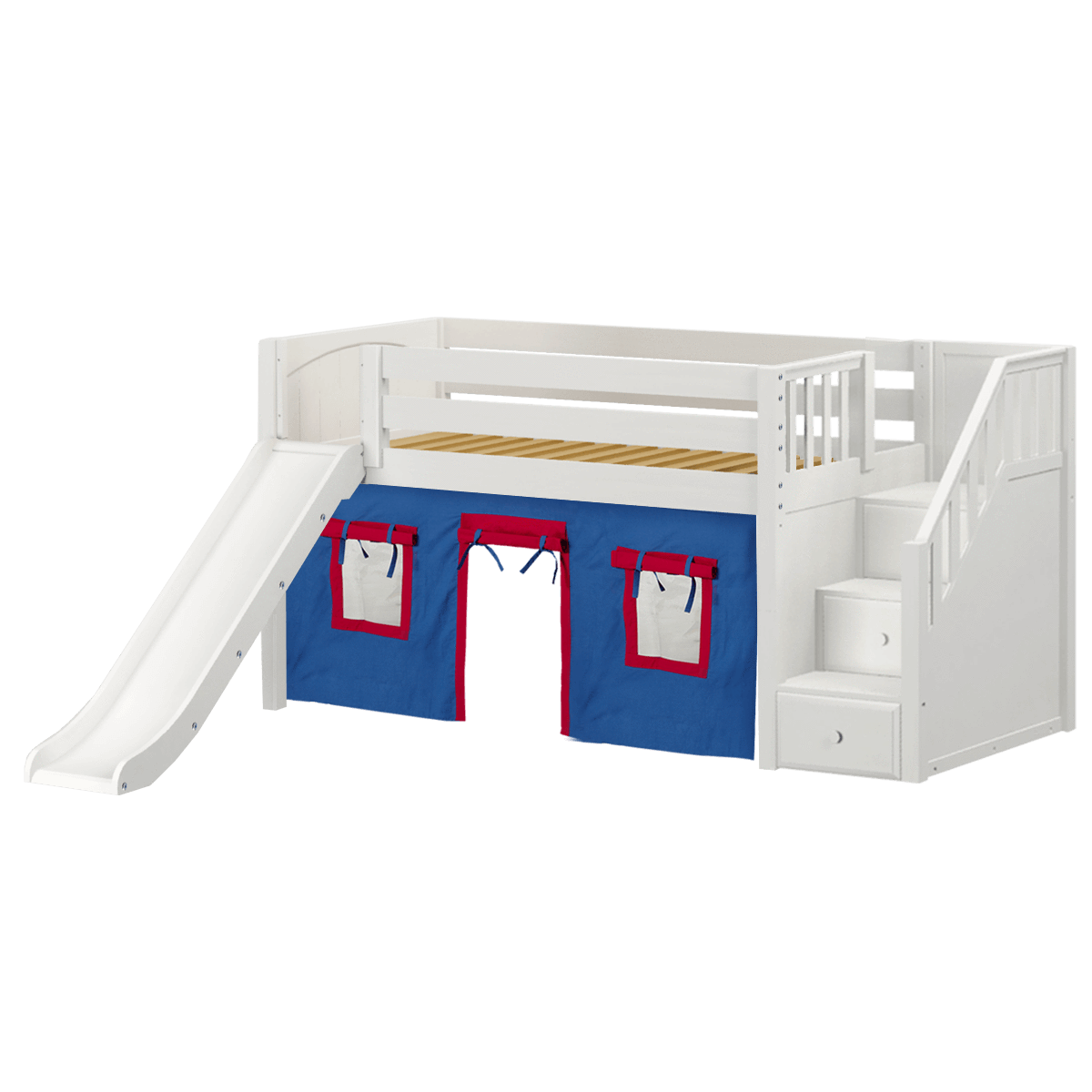 Maxtrix Twin Low Loft Bed with Stairs, Curtain + Slide