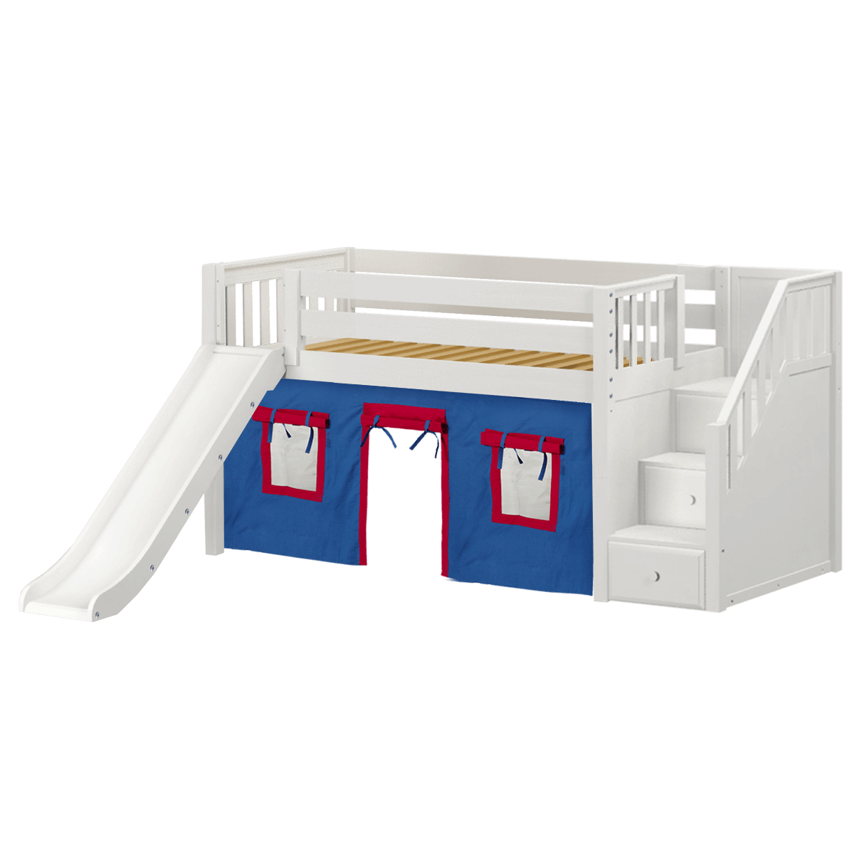 Maxtrix Twin Low Loft Bed with Stairs, Curtain + Slide