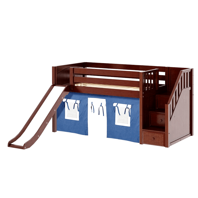 Maxtrix Twin Low Loft Bed with Stairs, Curtain + Slide