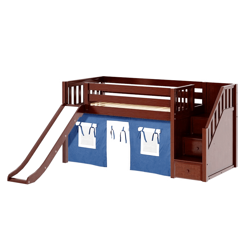 Maxtrix Twin Low Loft Bed with Stairs, Curtain + Slide