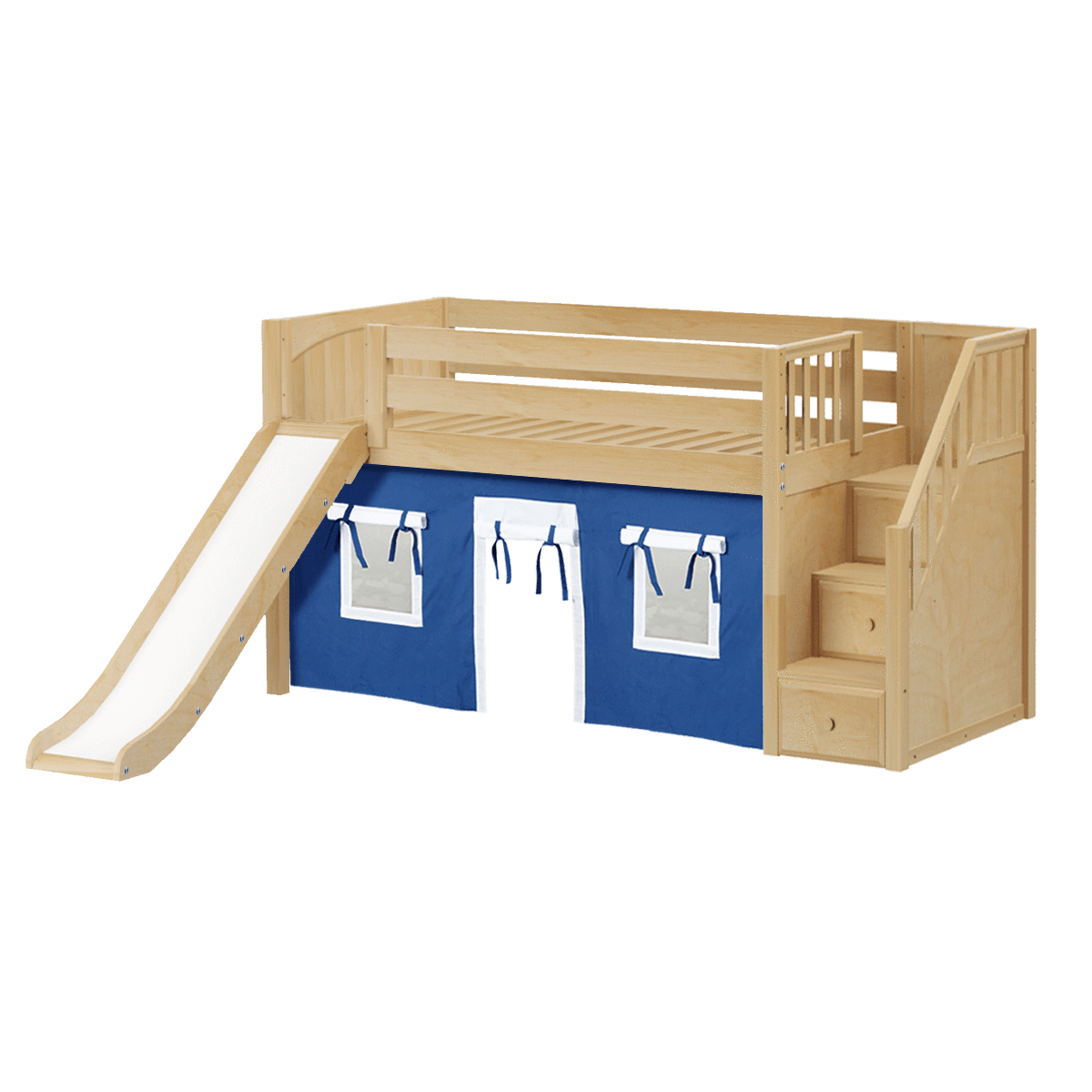 Maxtrix Twin Low Loft Bed with Stairs, Curtain + Slide