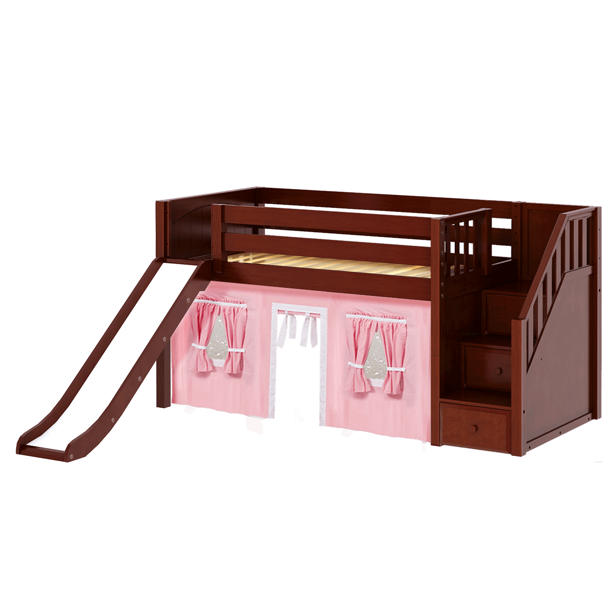 Maxtrix Twin Low Loft Bed with Stairs, Curtain + Slide