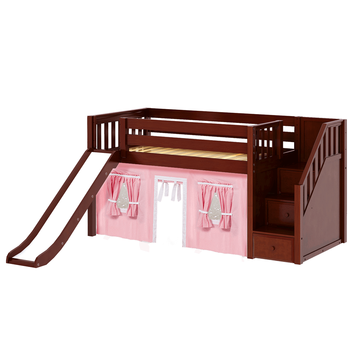 Maxtrix Twin Low Loft Bed with Stairs, Curtain + Slide