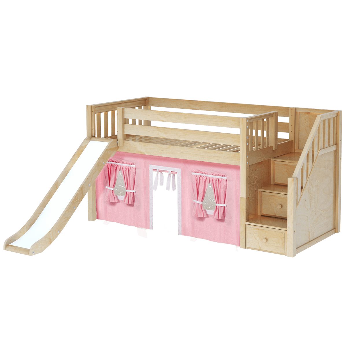 Maxtrix Twin Low Loft Bed with Stairs, Curtain + Slide