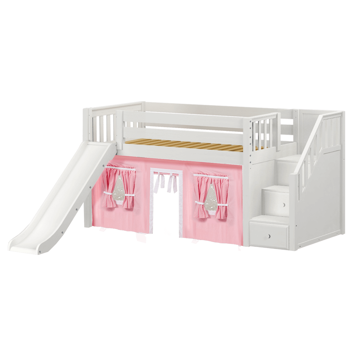 Maxtrix Twin Low Loft Bed with Stairs, Curtain + Slide