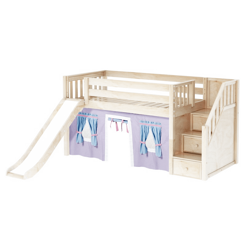 Maxtrix Twin Low Loft Bed with Stairs, Curtain + Slide