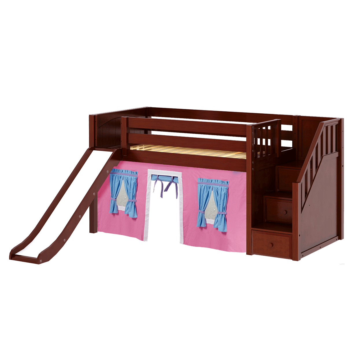 Maxtrix Twin Low Loft Bed with Stairs, Curtain + Slide