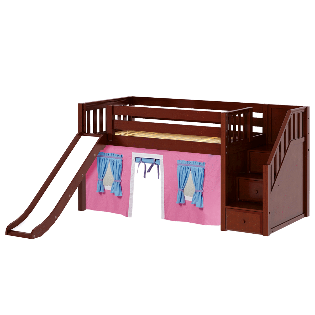 Maxtrix Twin Low Loft Bed with Stairs, Curtain + Slide