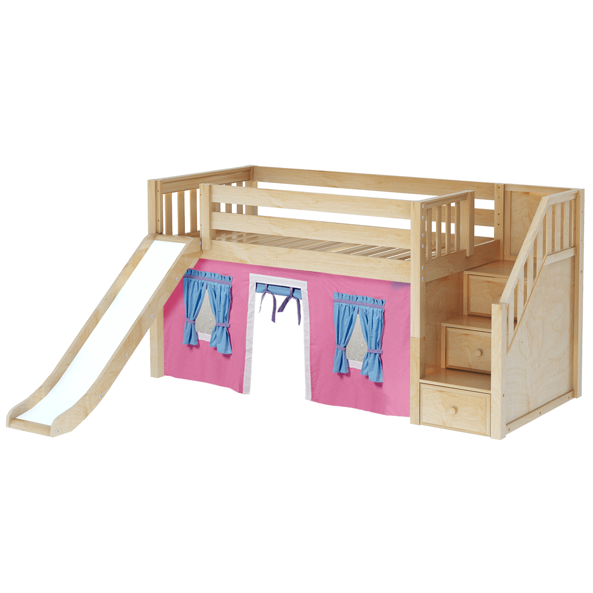 Maxtrix Twin Low Loft Bed with Stairs, Curtain + Slide