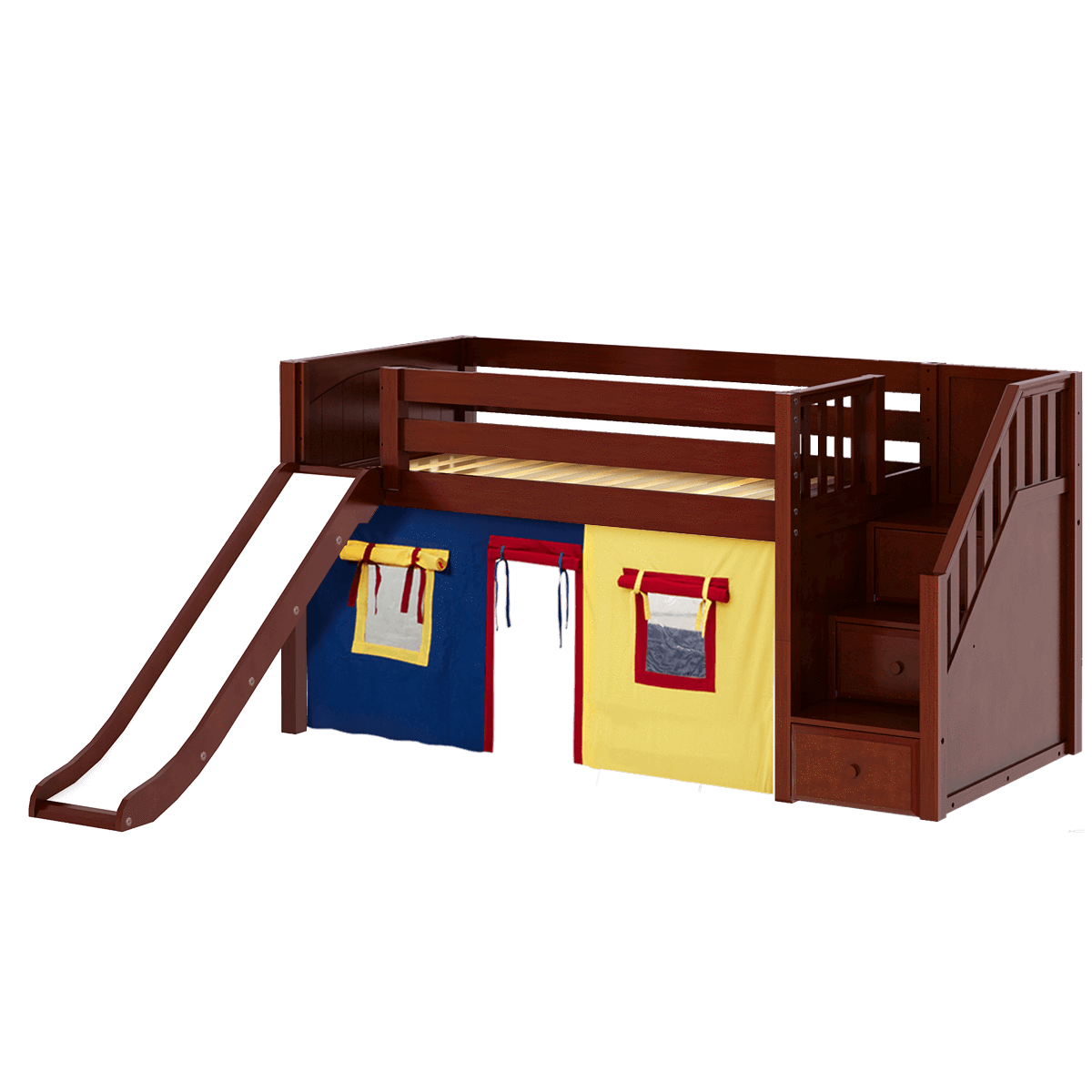 Maxtrix Twin Low Loft Bed with Stairs, Curtain + Slide