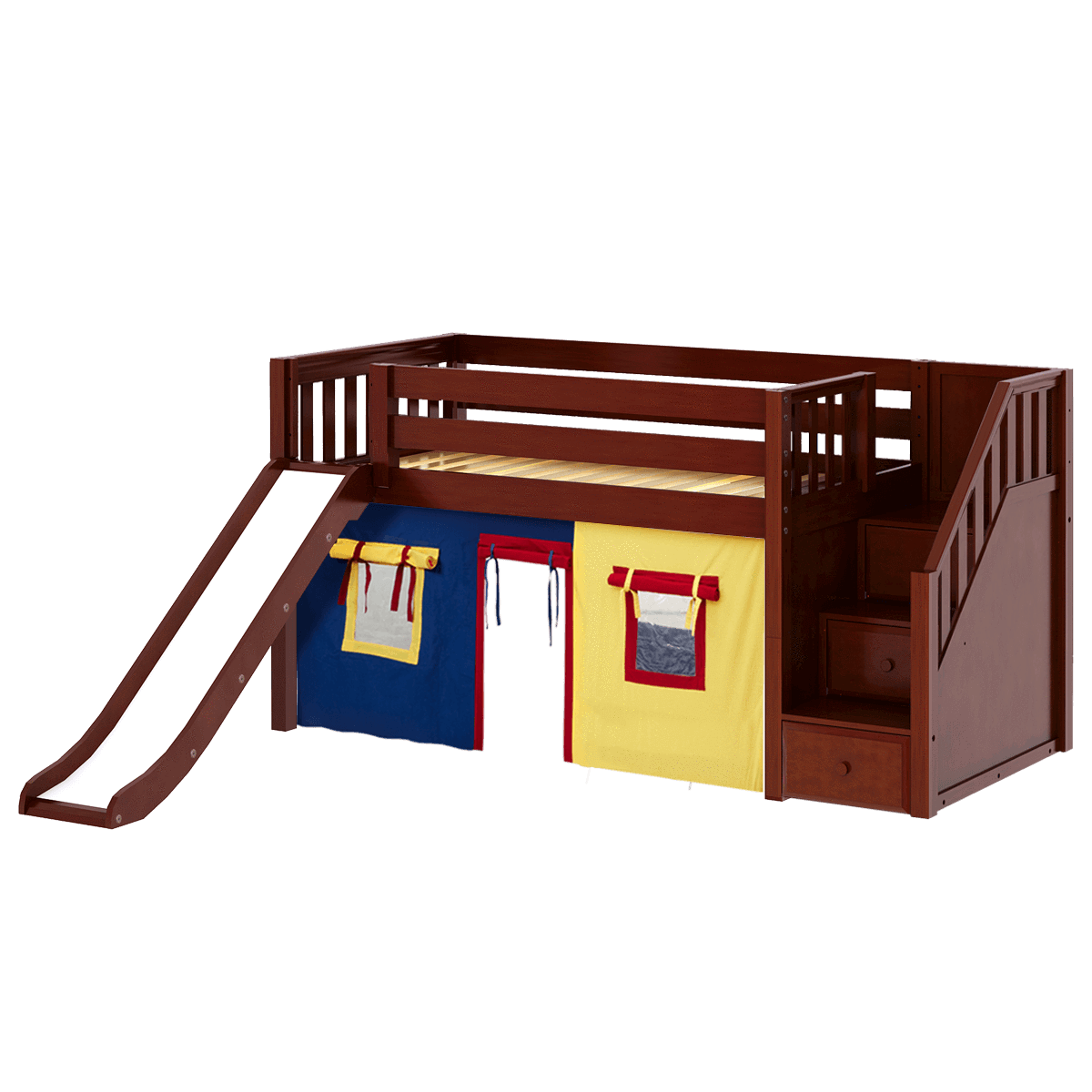 Maxtrix Twin Low Loft Bed with Stairs, Curtain + Slide