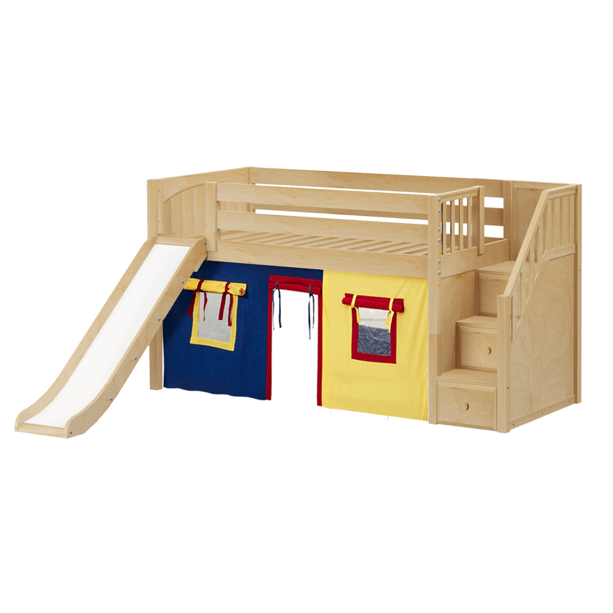 Maxtrix Twin Low Loft Bed with Stairs, Curtain + Slide