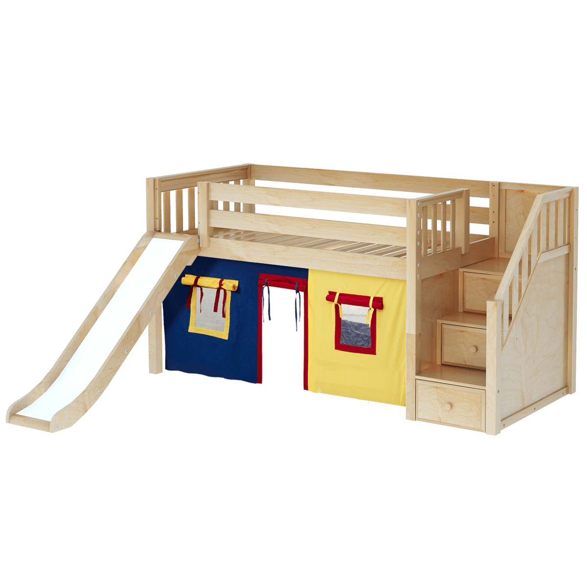 Maxtrix Twin Low Loft Bed with Stairs, Curtain + Slide