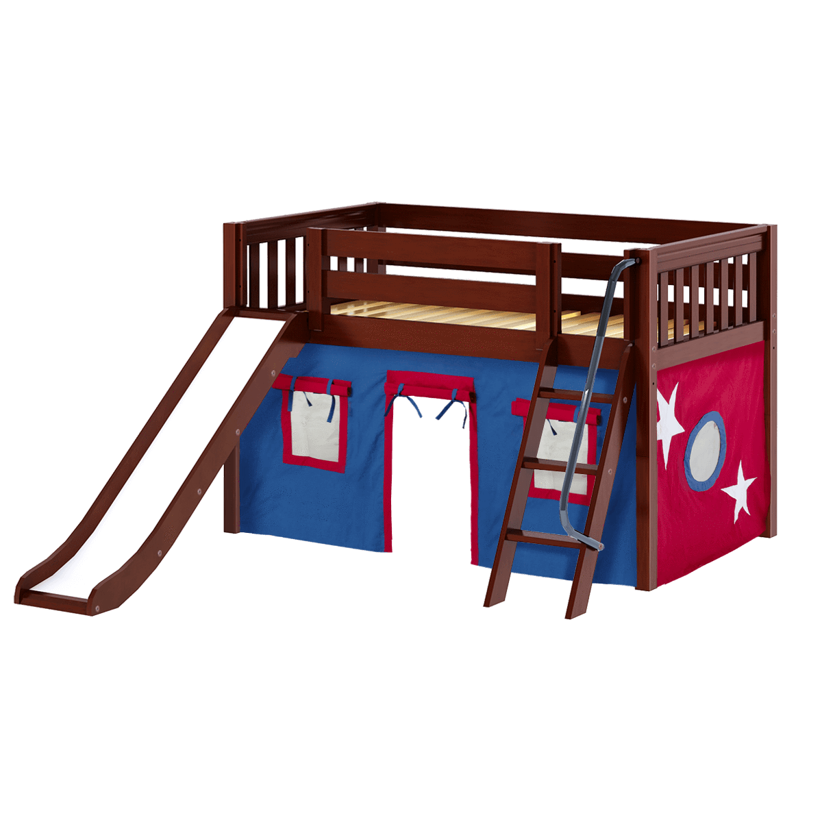 Maxtrix Twin Low Loft Bed with Angled Ladder, Curtain + Slide