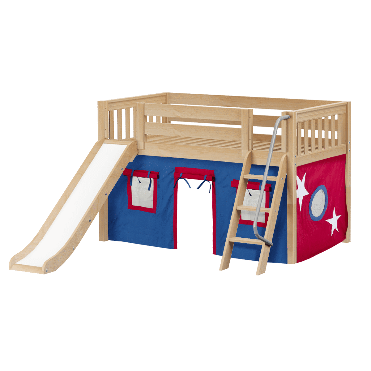 Maxtrix Twin Low Loft Bed with Angled Ladder, Curtain + Slide