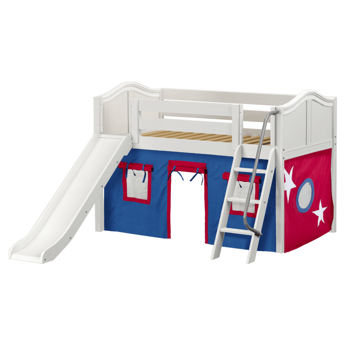 Maxtrix Twin Low Loft Bed with Angled Ladder, Curtain + Slide