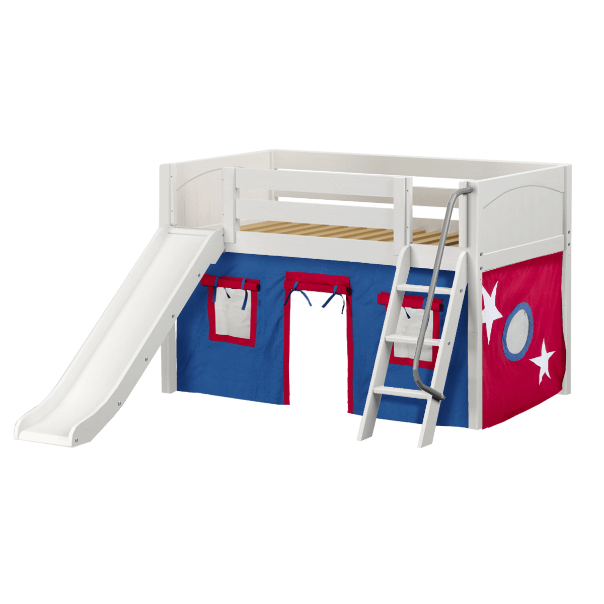 Maxtrix Twin Low Loft Bed with Angled Ladder, Curtain + Slide