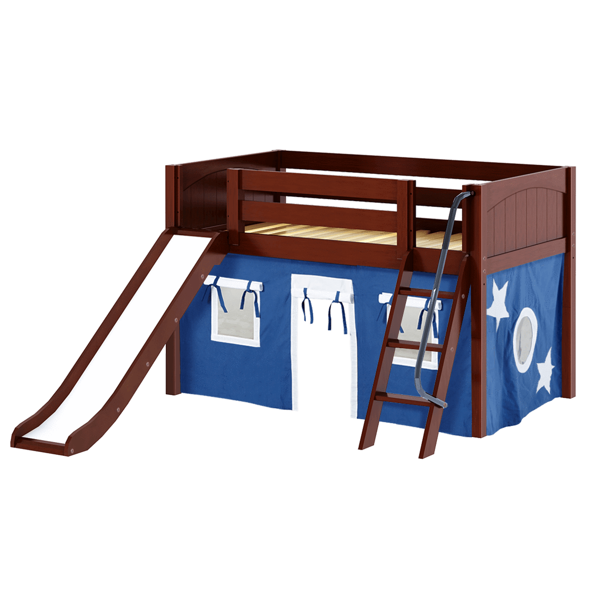 Maxtrix Twin Low Loft Bed with Angled Ladder, Curtain + Slide