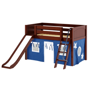 Maxtrix Twin Low Loft Bed with Angled Ladder, Curtain + Slide