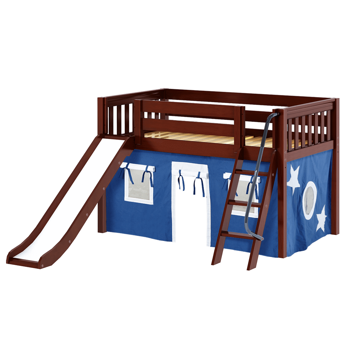 Maxtrix Twin Low Loft Bed with Angled Ladder, Curtain + Slide