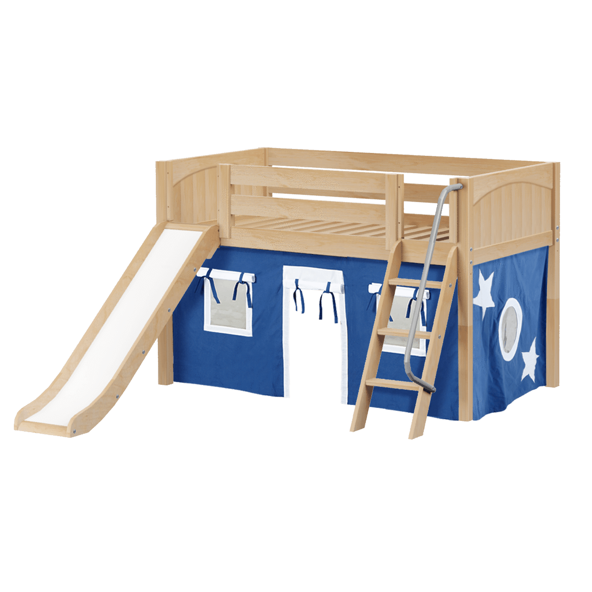 Maxtrix Twin Low Loft Bed with Angled Ladder, Curtain + Slide