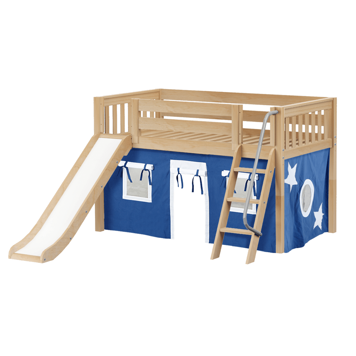 Maxtrix Twin Low Loft Bed with Angled Ladder, Curtain + Slide