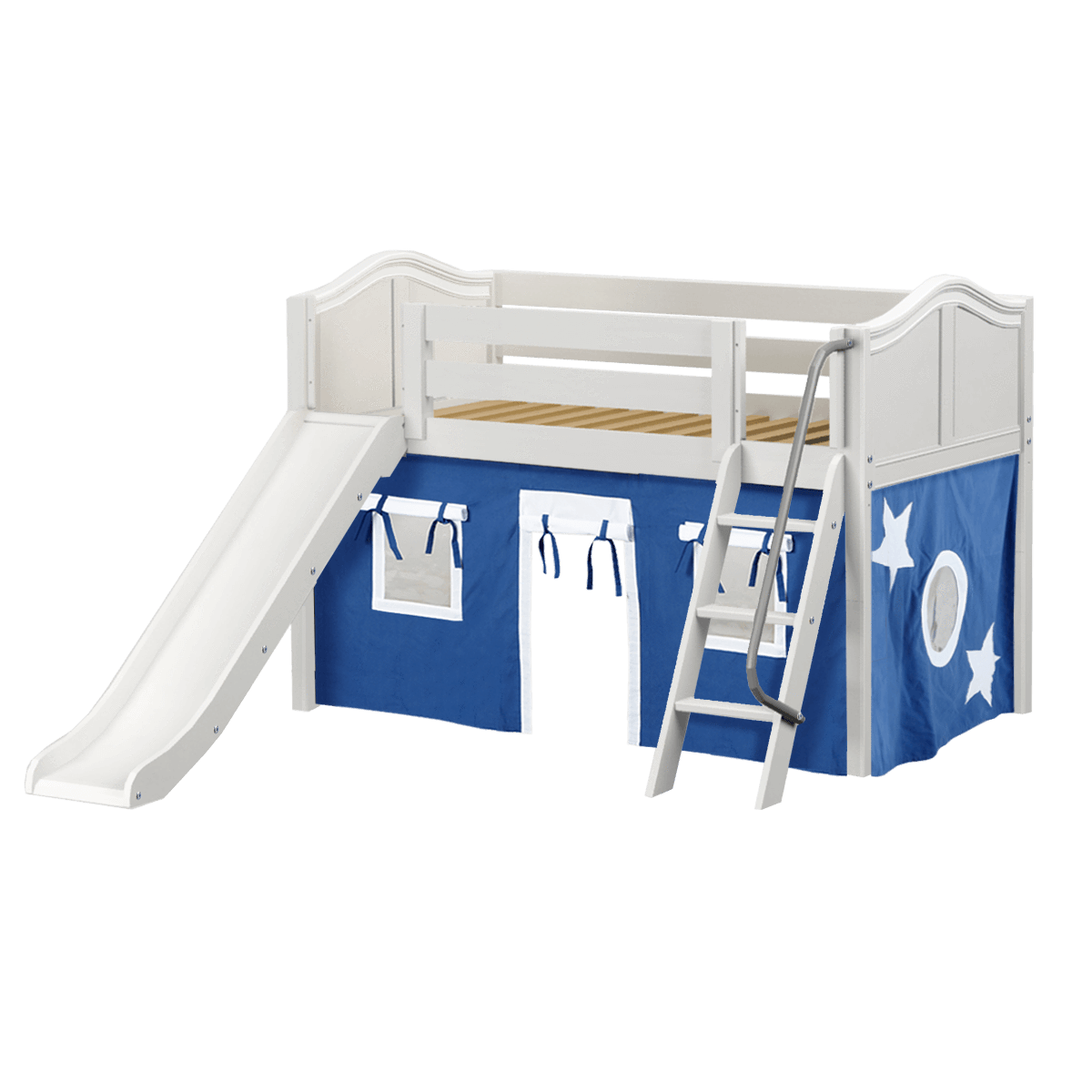 Maxtrix Twin Low Loft Bed with Angled Ladder, Curtain + Slide