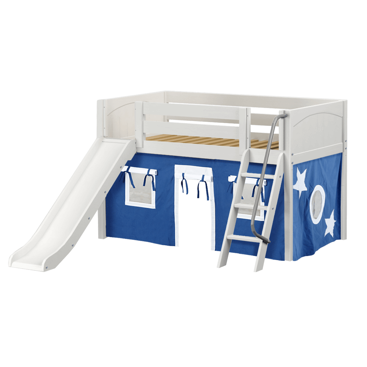 Maxtrix Twin Low Loft Bed with Angled Ladder, Curtain + Slide