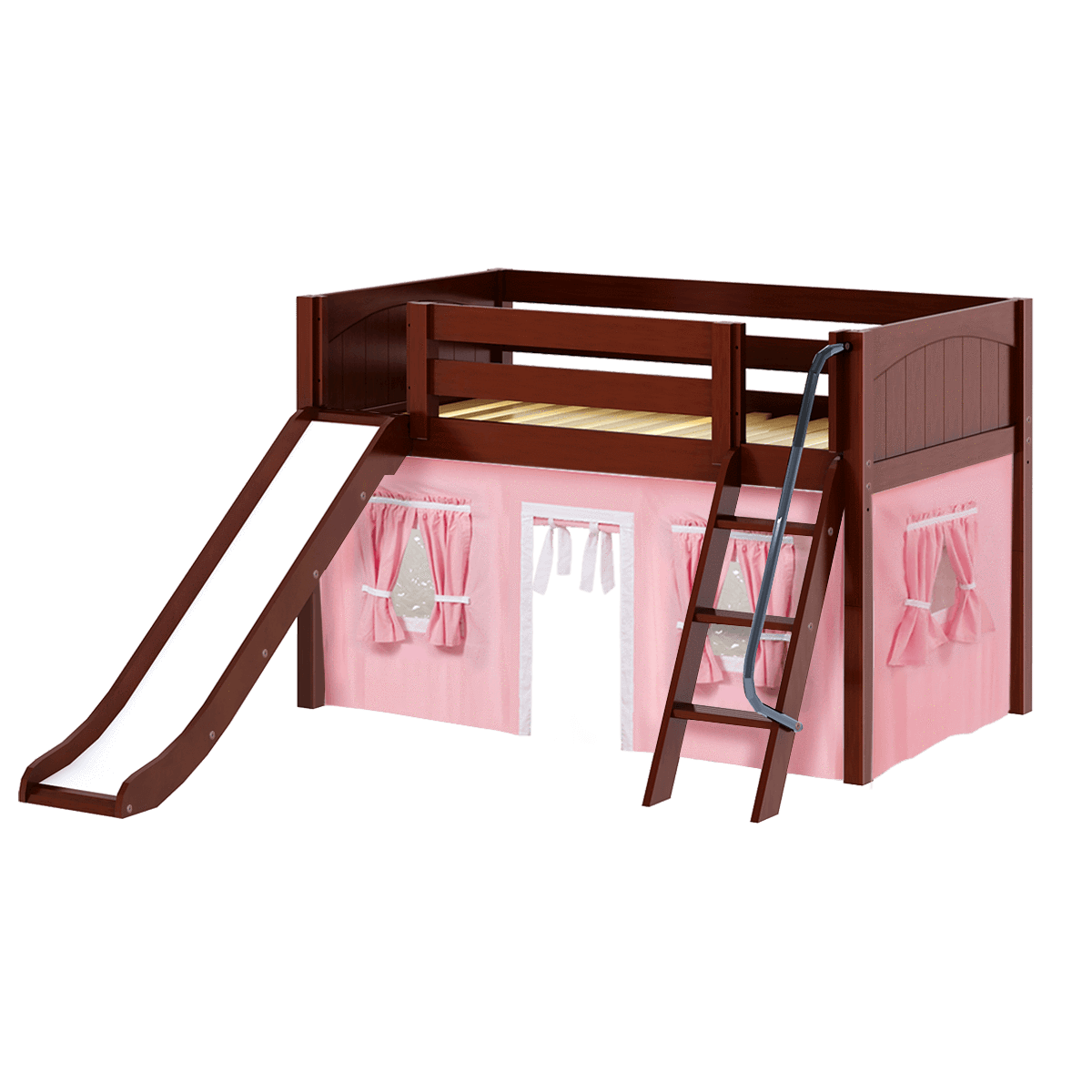 Maxtrix Twin Low Loft Bed with Angled Ladder, Curtain + Slide