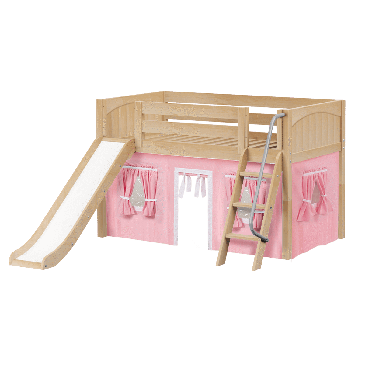 Maxtrix Twin Low Loft Bed with Angled Ladder, Curtain + Slide