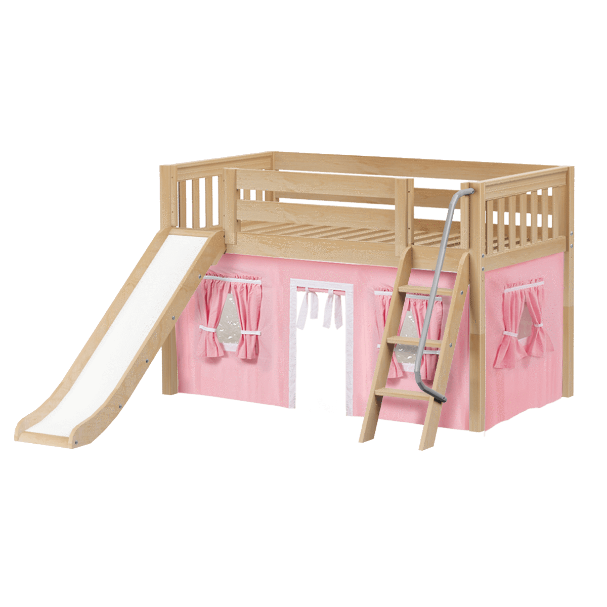 Maxtrix Twin Low Loft Bed with Angled Ladder, Curtain + Slide