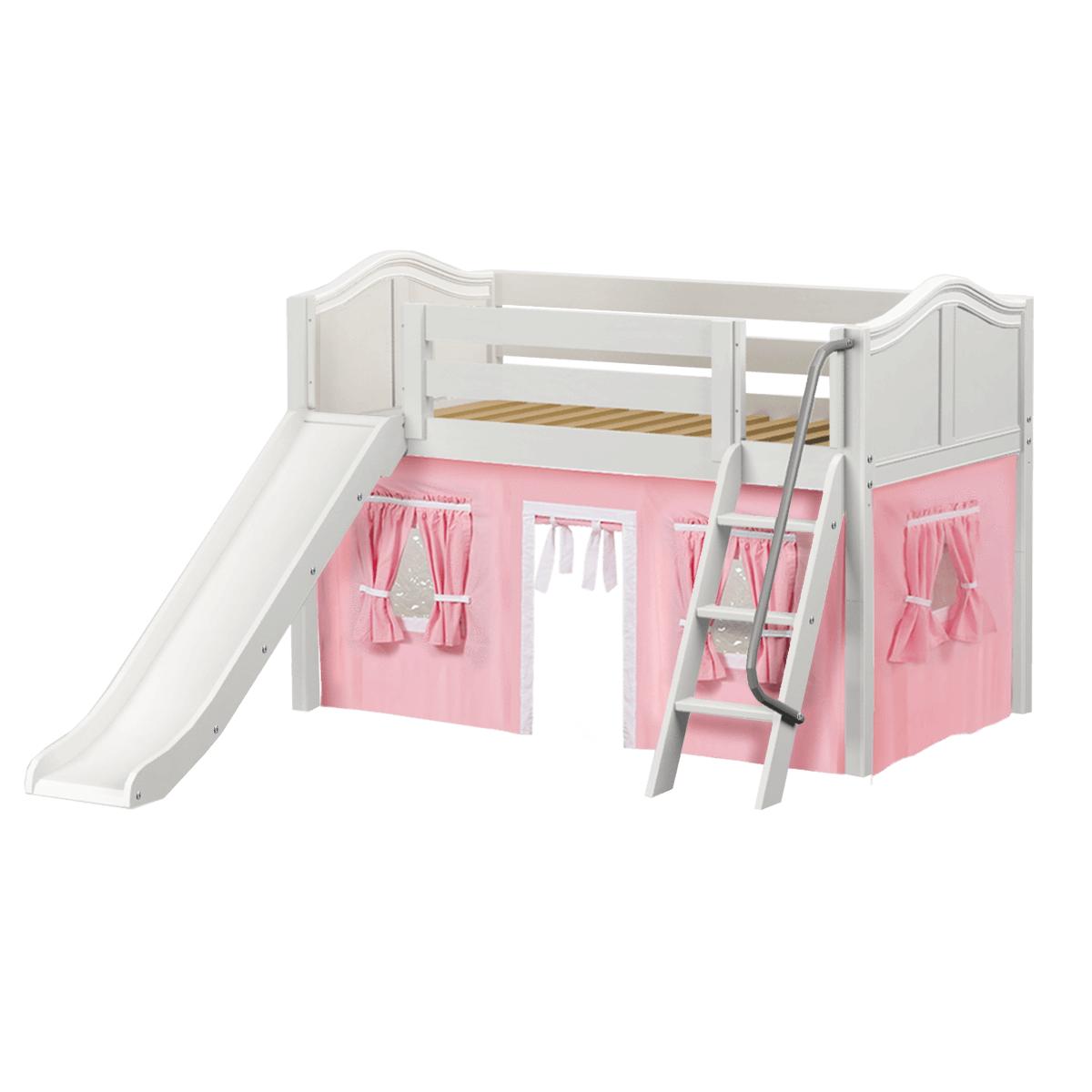 Maxtrix Twin Low Loft Bed with Angled Ladder, Curtain + Slide