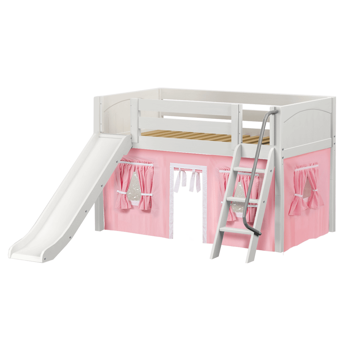 Maxtrix Twin Low Loft Bed with Angled Ladder, Curtain + Slide