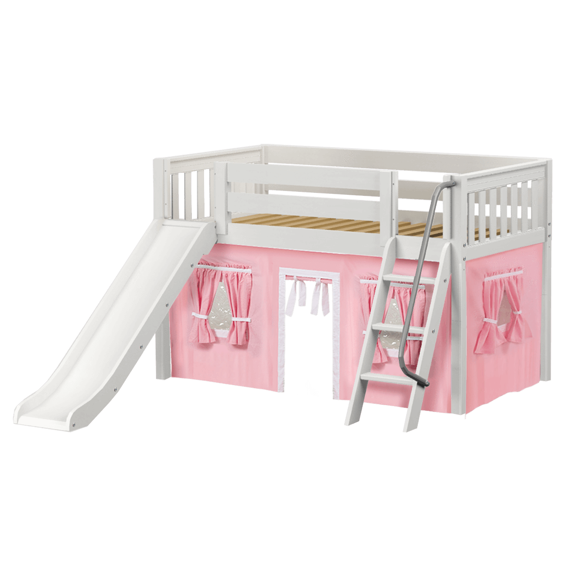 Maxtrix Twin Low Loft Bed with Angled Ladder, Curtain + Slide