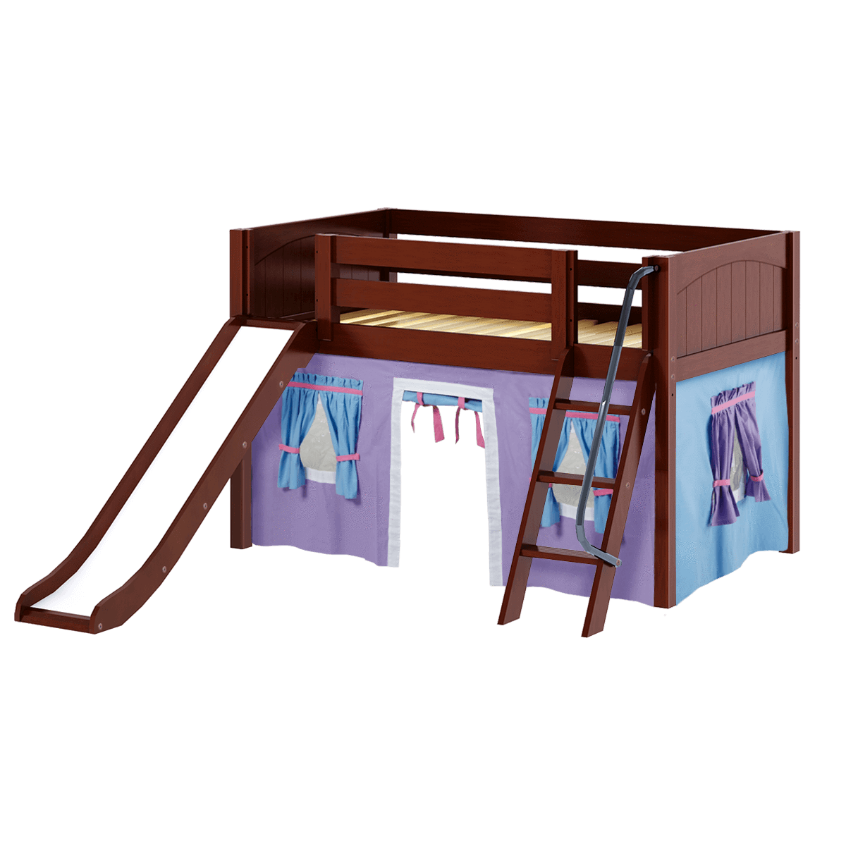 Maxtrix Twin Low Loft Bed with Angled Ladder, Curtain + Slide