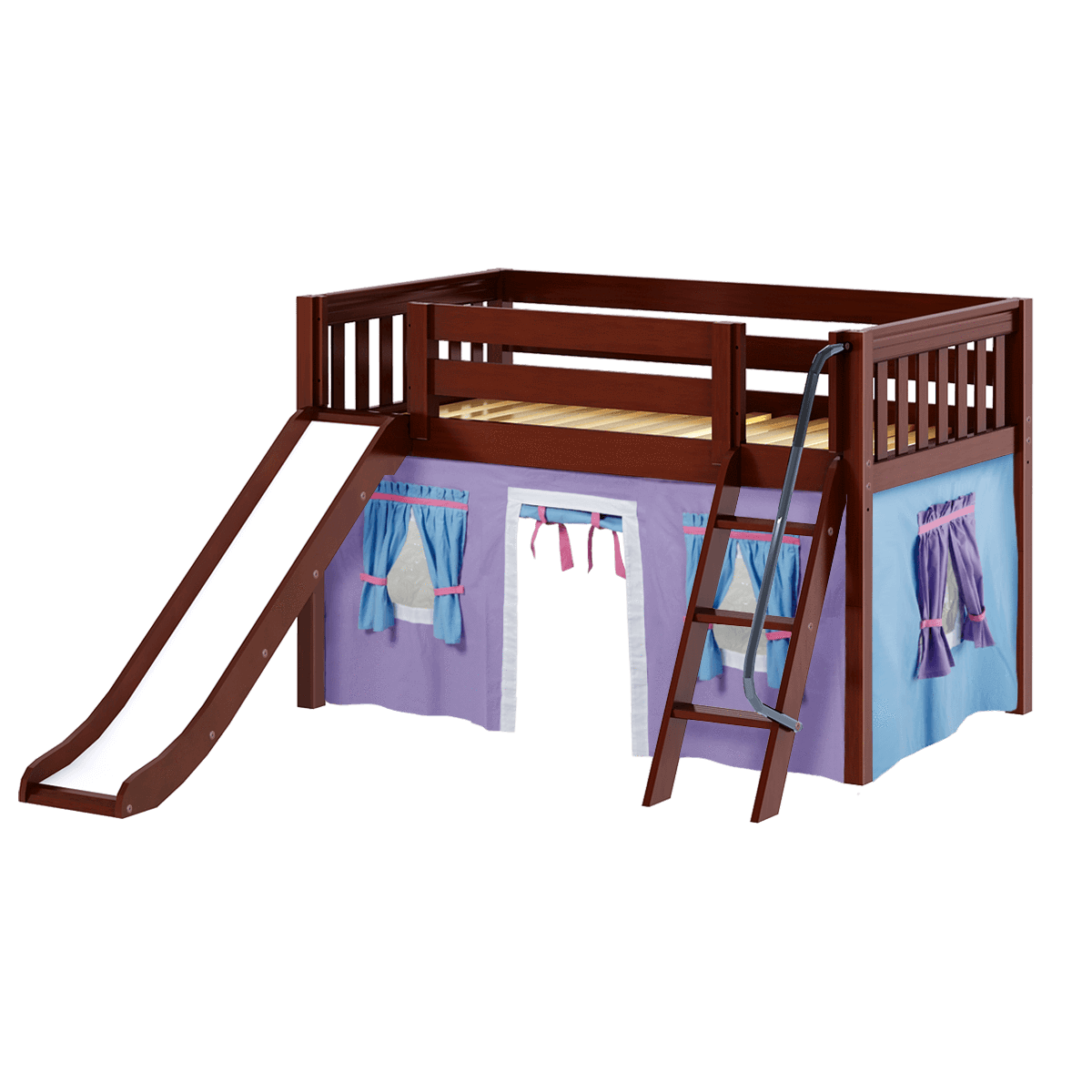 Maxtrix Twin Low Loft Bed with Angled Ladder, Curtain + Slide