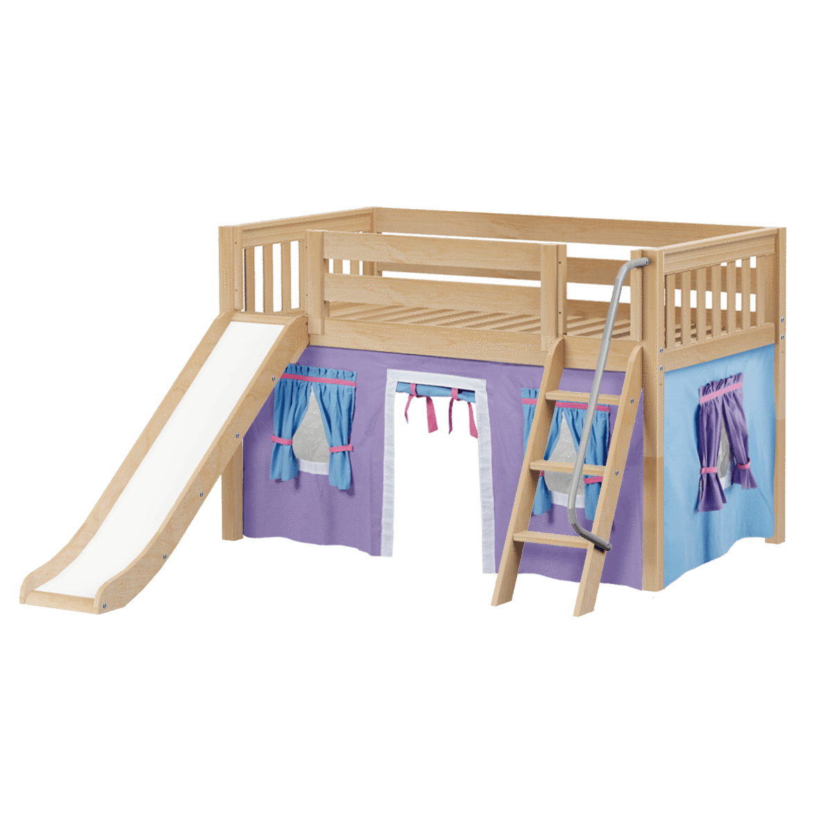 Maxtrix Twin Low Loft Bed with Angled Ladder, Curtain + Slide