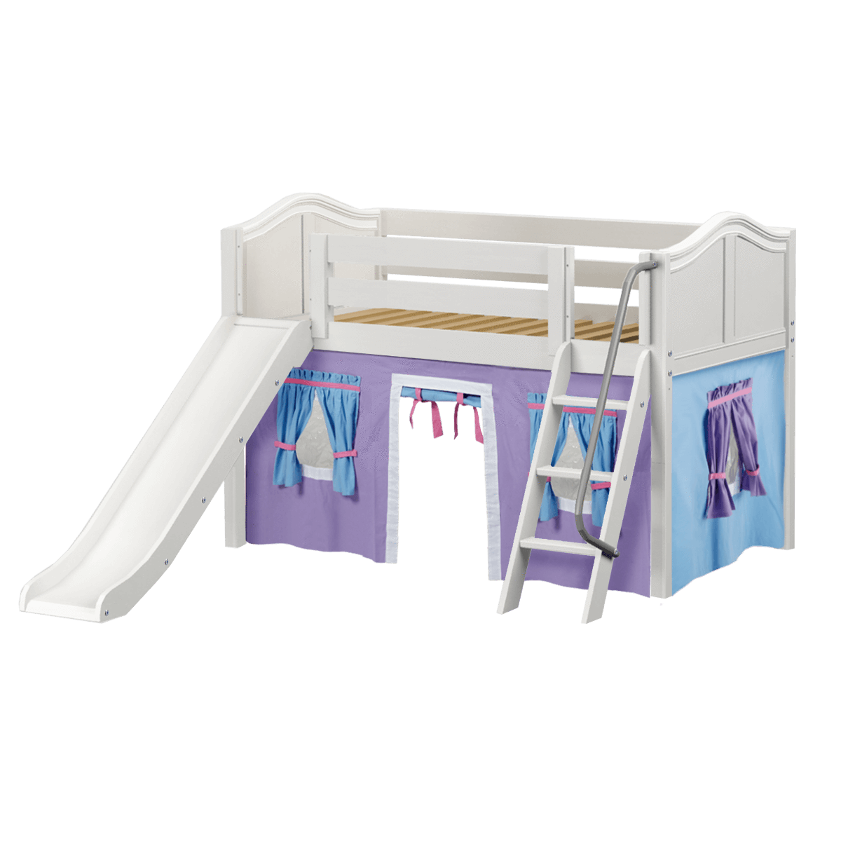 Maxtrix Twin Low Loft Bed with Angled Ladder, Curtain + Slide