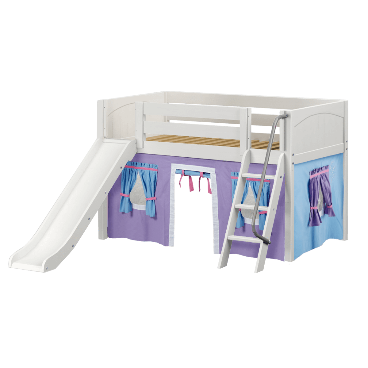 Maxtrix Twin Low Loft Bed with Angled Ladder, Curtain + Slide