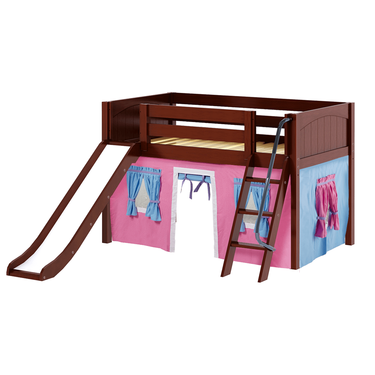 Maxtrix Twin Low Loft Bed with Angled Ladder, Curtain + Slide