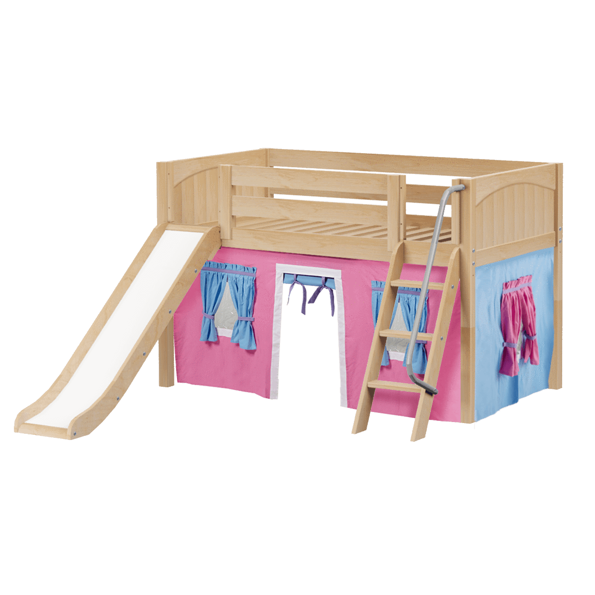 Maxtrix Twin Low Loft Bed with Angled Ladder, Curtain + Slide