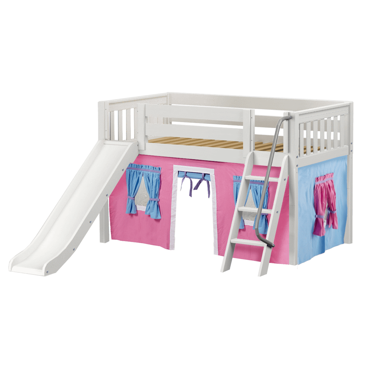 Maxtrix Twin Low Loft Bed with Angled Ladder, Curtain + Slide