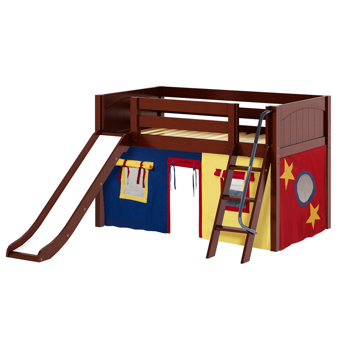 Maxtrix Twin Low Loft Bed with Angled Ladder, Curtain + Slide