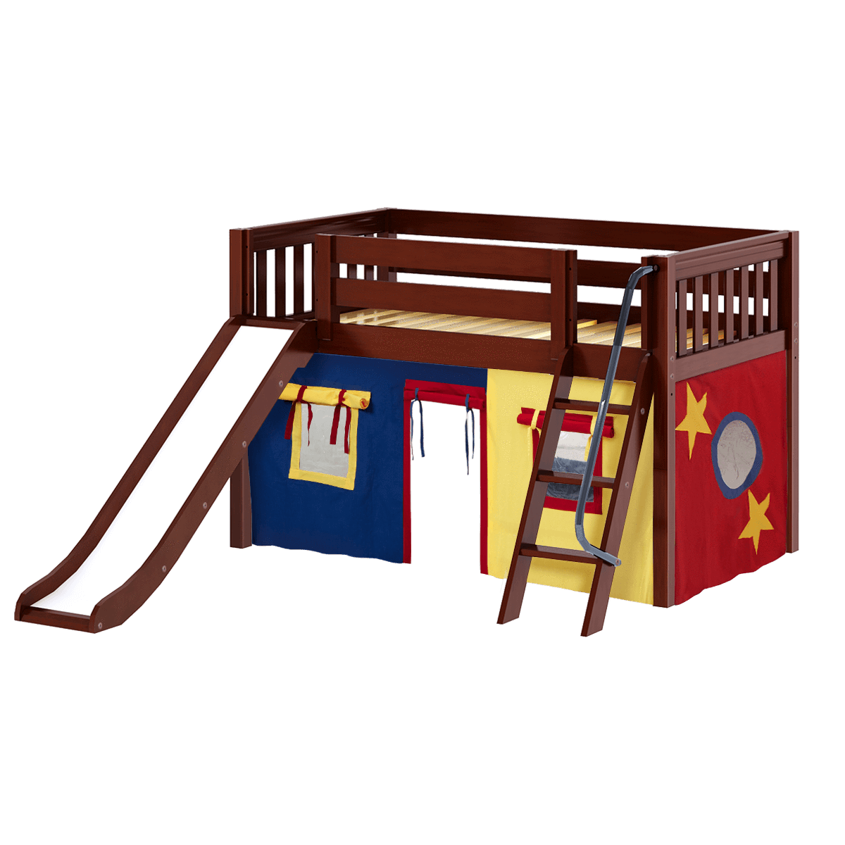 Maxtrix Twin Low Loft Bed with Angled Ladder, Curtain + Slide