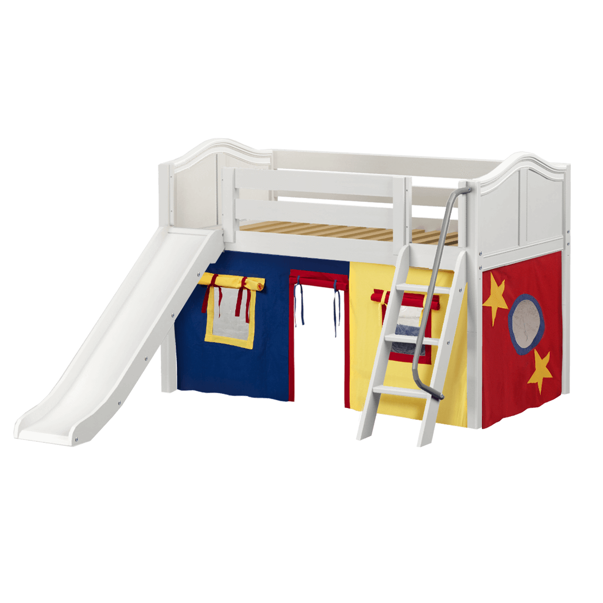 Maxtrix Twin Low Loft Bed with Angled Ladder, Curtain + Slide